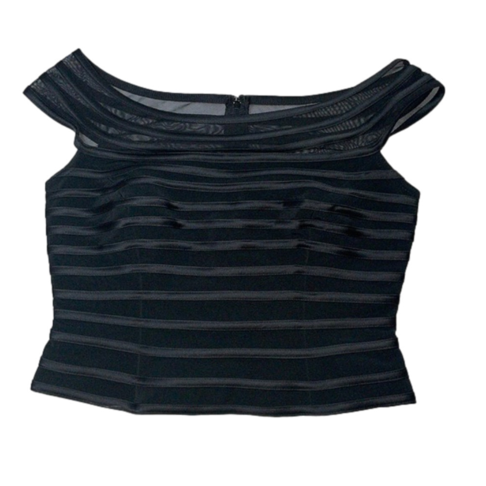 JS Collections Black Off Shoulder Bondage Top Striped Molded Cups Full Zip 8P